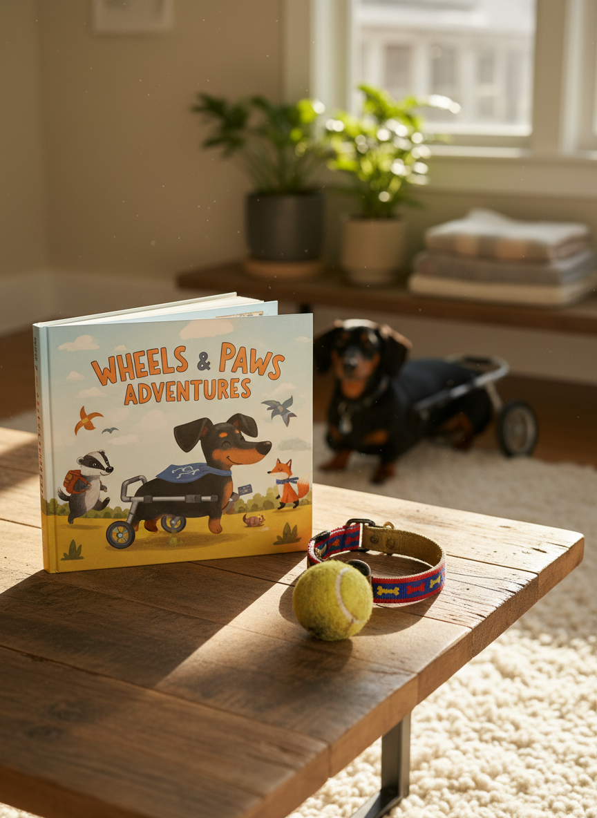 A sturdy wooden coffee table in a sunlit living room, topped with an open hardcover book titled with a playful dog-themed design, its pages showing whimsical illustrations of a black-and-tan wheelchair-using dog adventuring with a small group of animal friends. Beside the book lies a brightly colored dog collar and a well-used tennis ball with frayed fuzz. In the background, slightly out of focus, the real dog whose story the book tells lounges contentedly on a soft rug, his cart wheels catching a streak of afternoon light. Natural window light streams in, casting soft shadows and a warm, inviting mood. Photographic realism, shot from a slightly elevated angle using the rule of thirds.