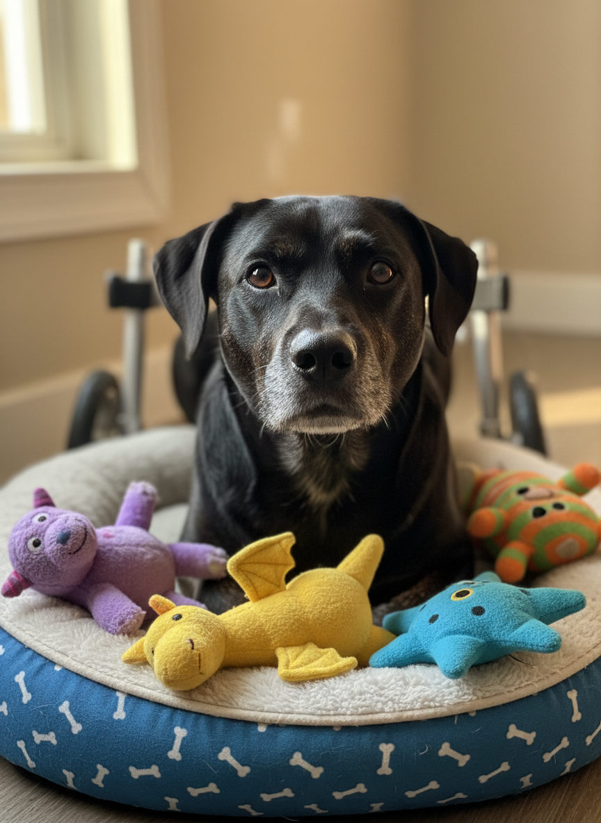 A close-up, photographic portrait of a paralyzed rescue dog with a shiny black-and-brown coat resting comfortably on a plush dog bed patterned with tiny bones, his rear wheelchair cart visible but out of focus behind him. Around the bed are scattered, slightly worn stuffed animal toys representing characters from a book, each with different colors and shapes, suggesting a lively inner world. Soft indoor window light filters in from the side, creating a cozy, warm glow on his expressive face and bright eyes. Shot at eye level with a shallow depth of field, the composition centers on his calm, confident expression, conveying a playful, reassuring atmosphere and a sense of safety and love.